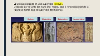 ❑ Si está realizada en una superficie (relieve).
Depende por lo tanto del muro alto, medio, bajo o rehundido(cuando la
figura se marca bajo la superficie del material)
 