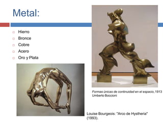 Metal:
 Hierro
 Bronce
 Cobre
 Acero
 Oro y Plata
Formas únicas de continuidad en el espacio,1913
Umberto Boccioni
Louise Bourgeois: "Arco de Hystheria"
(1993).
 