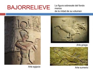 BAJORRELIEVE
La figura sobresale del fondo
menos
de la mitad de su volumen
Arte egipcio
Arte griego
Arte sumerio
 