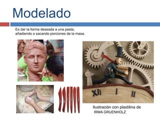 Modelado
Es dar la forma deseada a una pasta,
añadiendo o sacando porciones de la masa.
Ilustración con plastilina de
IRMA GRUENHOLZ
 