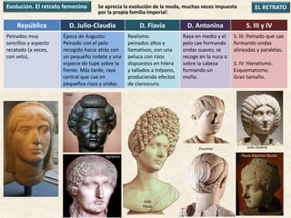 EL RETRATOEvolución. El retrato femenino
República D. Julio-Claudia D. Flavia D. Antonina S. III y IV
Peinados muy
sencillos y aspecto
recatado (a veces,
con velo).
Época de Augusto:
Peinado con el pelo
recogido hacia atrás con
un pequeño rodete y una
especie de tupé sobre la
frente. Más tarde, raya
central que cae en
pequeños rizos y ondas.
Realismo.
peinados altos y
llamativos, con una
peluca con rizos
dispuestos en hilera
y tallados a trépano,
produciendo efectos
de claroscuro.
Raya en medio y el
pelo cae formando
ondas suaves; se
recoge en la nuca o
sobre la cabeza
formando un
moño.
S. III: Peinado que cae
formando ondas
alineadas y paralelas.
S. IV: Hieratismo.
Esquematismo.
Gran tamaño.
Livia
Agripina
Julia
Flavia
Faustina Julia Domna
Flavia Máxima Fausta
Se aprecia la evolución de la moda, muchas veces impuesta
por la propia familia imperial:
 