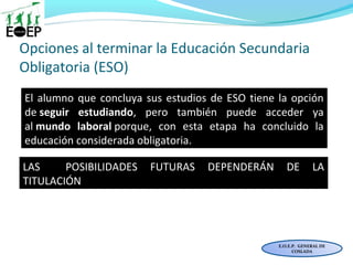 Opciones al terminar la Educación Secundaria
Obligatoria (ESO)
E.O.E.P. GENERAL DE
COSLADA
El alumno que concluya sus estudios de ESO tiene la opción
de seguir estudiando, pero también puede acceder ya
al mundo laboral porque, con esta etapa ha concluido la
educación considerada obligatoria.
LAS POSIBILIDADES FUTURAS DEPENDERÁN DE LA
TITULACIÓN
 
