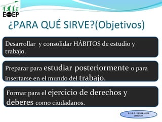 ¿PARA QUÉ SIRVE?(Objetivos)
E.O.E.P. GENERAL DE
COSLADA
Desarrollar y consolidar HÁBITOS de estudio y
trabajo.
Preparar para estudiar posteriormente o para
insertarse en el mundo del trabajo.
Formar para el ejercicio de derechos y
deberes como ciudadanos.
 