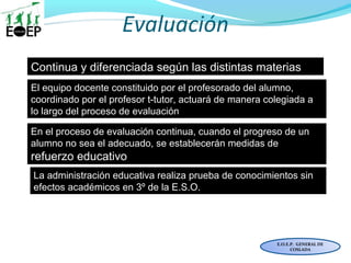 Evaluación
E.O.E.P. GENERAL DE
COSLADA
Continua y diferenciada según las distintas materias
El equipo docente constituido por el profesorado del alumno,
coordinado por el profesor t-tutor, actuará de manera colegiada a
lo largo del proceso de evaluación
En el proceso de evaluación continua, cuando el progreso de un
alumno no sea el adecuado, se establecerán medidas de
refuerzo educativo
La administración educativa realiza prueba de conocimientos sin
efectos académicos en 3º de la E.S.O.
 