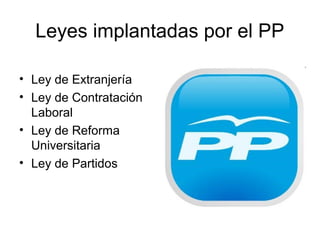 Leyes implantadas por el PP
• Ley de Extranjería
• Ley de Contratación
Laboral
• Ley de Reforma
Universitaria
• Ley de Partidos
 
