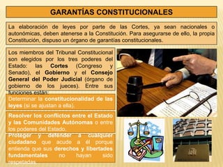 GARANTÍAS CONSTITUCIONALES
La elaboración de leyes por parte de las Cortes, ya sean nacionales o
autonómicas, deben atenerse a la Constitución. Para asegurarse de ello, la propia
Constitución, dispuso un órgano de garantías constitucionales.

Los miembros del Tribunal Constitucional
son elegidos por los tres poderes del
Estado: las Cortes (Congreso y
Senado), el Gobierno y el Consejo
General del Poder Judicial (órgano de
gobierno de los jueces). Entre sus
funciones están:
Determinar la constitucionalidad de las
leyes (si se ajustan a ella).
Resolver los conflictos entre el Estado
y las Comunidades Autónomas o entre
los poderes del Estado.
Proteger y defender a cualquier
ciudadano que acude a él porque
entienda que sus derechos y libertades
fundamentales       no   hayan      sido
respetadas.
 