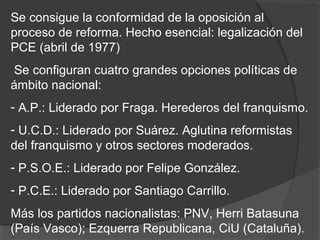 Se consigue la conformidad de la oposición al
proceso de reforma. Hecho esencial: legalización del
PCE (abril de 1977)
Se configuran cuatro grandes opciones políticas de
ámbito nacional:
- A.P.: Liderado por Fraga. Herederos del franquismo.
- U.C.D.: Liderado por Suárez. Aglutina reformistas
del franquismo y otros sectores moderados.
- P.S.O.E.: Liderado por Felipe González.
- P.C.E.: Liderado por Santiago Carrillo.
Más los partidos nacionalistas: PNV, Herri Batasuna
(País Vasco); Ezquerra Republicana, CiU (Cataluña).
 