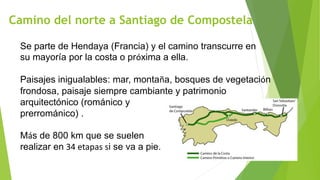 Camino del norte a Santiago de Compostela
Se parte de Hendaya (Francia) y el camino transcurre en
su mayoría por la costa o próxima a ella.
Paisajes inigualables: mar, montaña, bosques de vegetación
frondosa, paisaje siempre cambiante y patrimonio
arquitectónico (románico y
prerrománico) .
Más de 800 km que se suelen
realizar en 34 etapas si se va a pie.
 