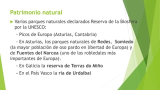 Patrimonio natural
 Varios parques naturales declarados Reserva de la Biosfera
por la UNESCO:
- Picos de Europa (Asturias, Cantabria)
- En Asturias, los parques naturales de Redes, Somiedo
(la mayor población de oso pardo en libertad de Europa) y
de Fuentes del Narcea (uno de los robledales más
importantes de Europa).
- En Galicia la reserva de Terras do Miño
- En el País Vasco la ría de Urdaibai
 