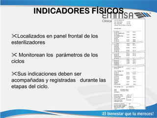 INDICADORES FÍSICOS


Localizados en panel frontal de los
esterilizadores

 Monitorean los parámetros de los
ciclos

Sus indicaciones deben ser
acompañadas y registradas durante las
etapas del ciclo.
 