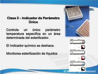 Clase 2 – Indicador de Parámetro
              Único

Controla   un    único     parámetro
temperatura específica en un área
determinada del esterilizador.

El Indicador químico se deshace.

Monitorea esterilización de líquidos
 