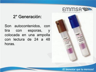 2° Generación:

Son autocontenidos, con
tira   con  esporas,  y
colocada en una ampolla
con lectura de 24 a 48
horas.
 
