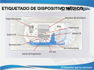 ETIQUETADO DE DISPOSITIVO MÉDICO

 Especificaciones                                   Nombre del producto



                                                        Fabricante

                                                            Marca CE
  Estéril EO



    Número lote
                                                   Ver instruciones
                                          Un uso
                    Fecha de Expiración
 