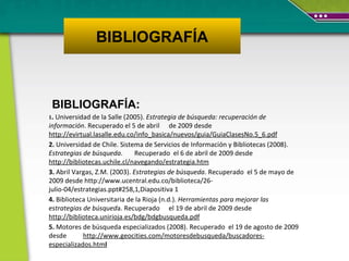BIBLIOGRAFÍA BIBLIOGRAFÍA: 1 .   Universidad de la Salle (2005).  Estrategia de búsqueda: recuperación de información .  Recuperado e l 5 de abril  de 2009 desde  http://evirtual.lasalle.edu.co/info_basica/nuevos/guia/GuiaClasesNo.5_6.pdf   2.  Universidad de Chile. Sistema de Servicios de Información y Bibliotecas (2008).  Estrategias de búsqueda .  Recuperado  el 6 de abril de 2009 desde   http://bibliotecas.uchile.cl/navegando/estrategia.htm   3.  Abril Vargas, Z.M. (2003).  Estrategias de búsqueda .  Recuperado  el 5 de mayo de 2009 desde http://www.ucentral.edu.co/biblioteca/26-julio-04/estrategias.ppt#258,1,Diapositiva 1 4.  Biblioteca Universitaria de la Rioja (n.d.).  Herramientas para mejorar las estrategias de búsqued a.  Recuperado  el 19 de abril de 2009 desde  http://biblioteca.unirioja.es/bdg/bdgbusqueda.pdf   5.  Motores de búsqueda especializados (2008).  Recuperado  el 19 de agosto de 2009 desde   http://www.geocities.com/motoresdebusqueda/buscadores-especializados.htm l   
