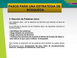 2. Elección de Palabras clave:  Las palabras clave  son la selección de términos que abarcan el tema de búsqueda.  Si se dificulta la elección de las Palabras clave, las siguientes acciones le pueden ayudar :  Identifique los subtemas.  Haga listados de sinónimos.  Haga relaciones de términos. Traduzca los términos de acuerdo al idioma de la base de datos o  sitio web en el que vaya a realizar  la búsqueda.  Para facilitar la asignación de las palabras clave también se puede apoyar en  herramientas como:  diccionarios del área, listas de encabezamiento, tesauros, catálogos de bibliotecas, entre otros. PASOS PARA UNA ESTRATEGIA DE  BÚSQUEDA: 