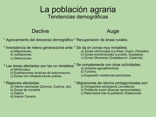 La población agraria Tendencias demográficas Declive * Agravamiento del descenso demográfico * Inexistencia de relevo generacional ante:          a) Migraciones.          b) Jubilaciones.          c) Defunciones.   * Las áreas afectadas son las no rentables:          a) Minifundios.          b) Explotaciones arcaícas de autoconsumo.          c) Zonas con infraestructuras pobres. * Regiones afectadas:          a) Interior peninsular (Zamora, Cuenca, etc)          b) Zonas de montaña          c) Galicia          d) Interior Canario. Auge * Recuperación de áreas rurales. * Se da en zonas muy rentables:          a) Zonas vitivinícolas (La Rioja, Duero, Penedés)          b) Zonas hortofrutícolas (Levante, Guadiana)          c) Zonas Olivareras (Guadalquivir, Cataluña) * Se complementa con otras actividades:          a) Industria agroalimenticia.          b) Turismo.          c) Expansión residencial periurbana.    * Migraciones de retorno protagonizadas por:          a) Inmigrantes extranjeros (Jornaleros)          b) Población joven (Nuevas oportunidades)          c) Retornados tras la jubilación (Estacional) 