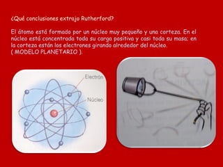 ¿Qué conclusiones extrajo Rutherford?
El átomo está formado por un núcleo muy pequeño y una corteza. En el
núcleo está concentrada toda su carga positiva y casi toda su masa; en
la corteza están los electrones girando alrededor del núcleo.
( MODELO PLANETARIO ).
 