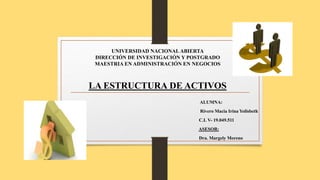 UNIVERSIDAD NACIONALABIERTA
DIRECCIÓN DE INVESTIGACIÓN Y POSTGRADO
MAESTRIA EN ADMINISTRACIÓN EN NEGOCIOS
LA ESTRUCTURA DE ACTIVOS
ALUMNA:
Rivero Macia Irina Yolisbeth
C.I. V- 19.049.511
ASESOR:
Dra. Margely Moreno
 