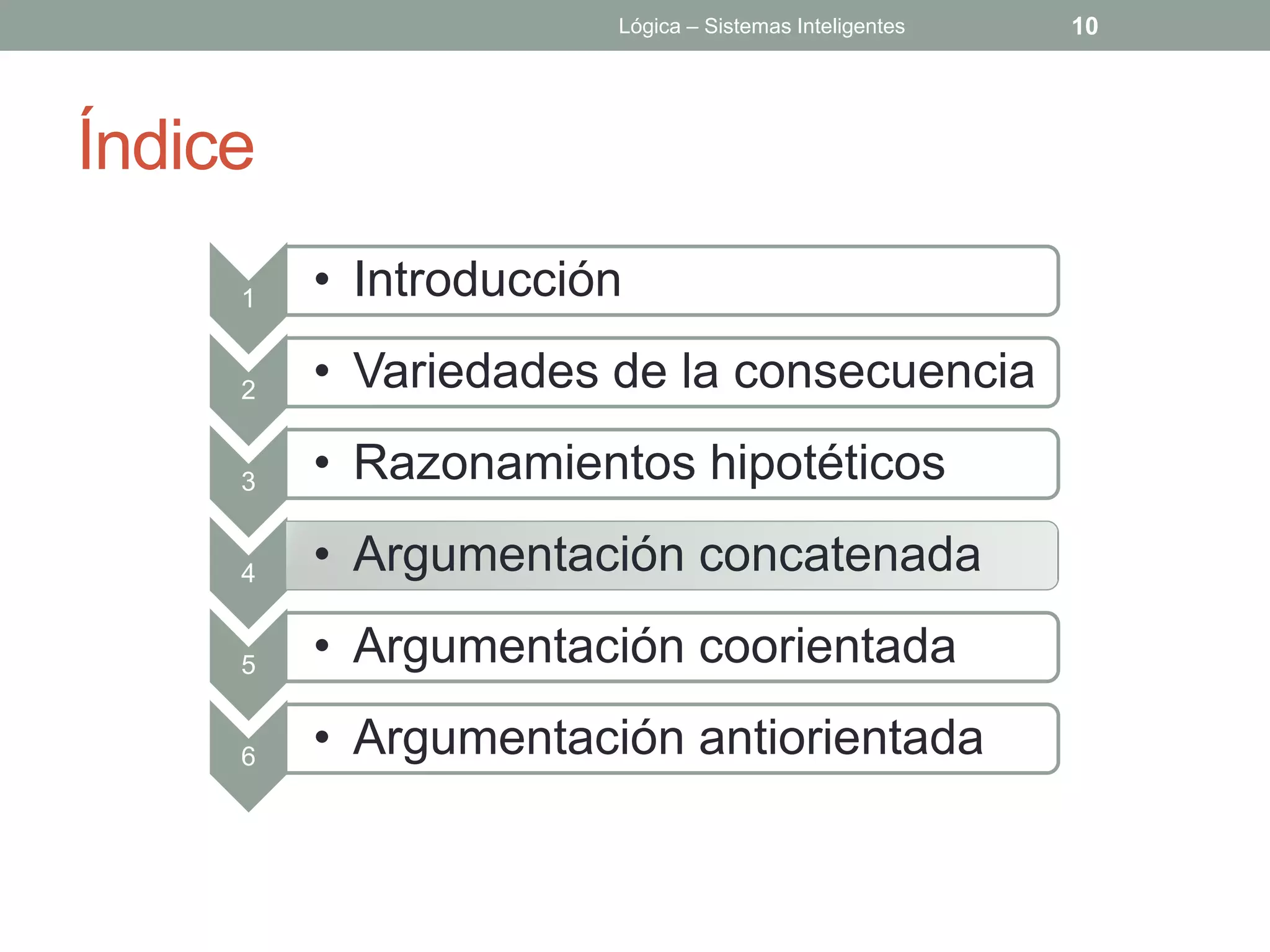 Lógica – Sistemas Inteligentes   10




Índice
     1   • Introducción

     2   • Variedades de la consecuencia

     3   • Razonamientos hipotéticos

     4   • Argumentación concatenada

     5   • Argumentación coorientada

     6   • Argumentación antiorientada
 