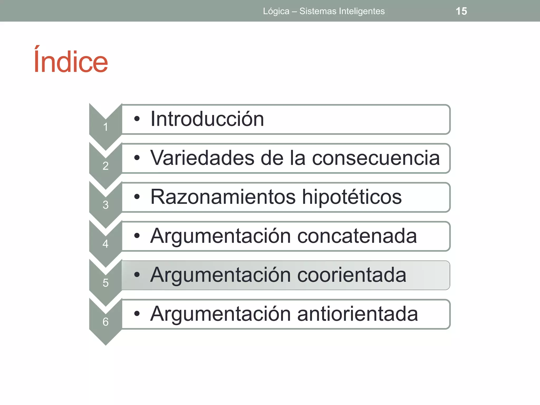 Lógica – Sistemas Inteligentes   15




Índice
     1   • Introducción

     2   • Variedades de la consecuencia

     3   • Razonamientos hipotéticos

     4   • Argumentación concatenada

     5   • Argumentación coorientada

     6   • Argumentación antiorientada
 