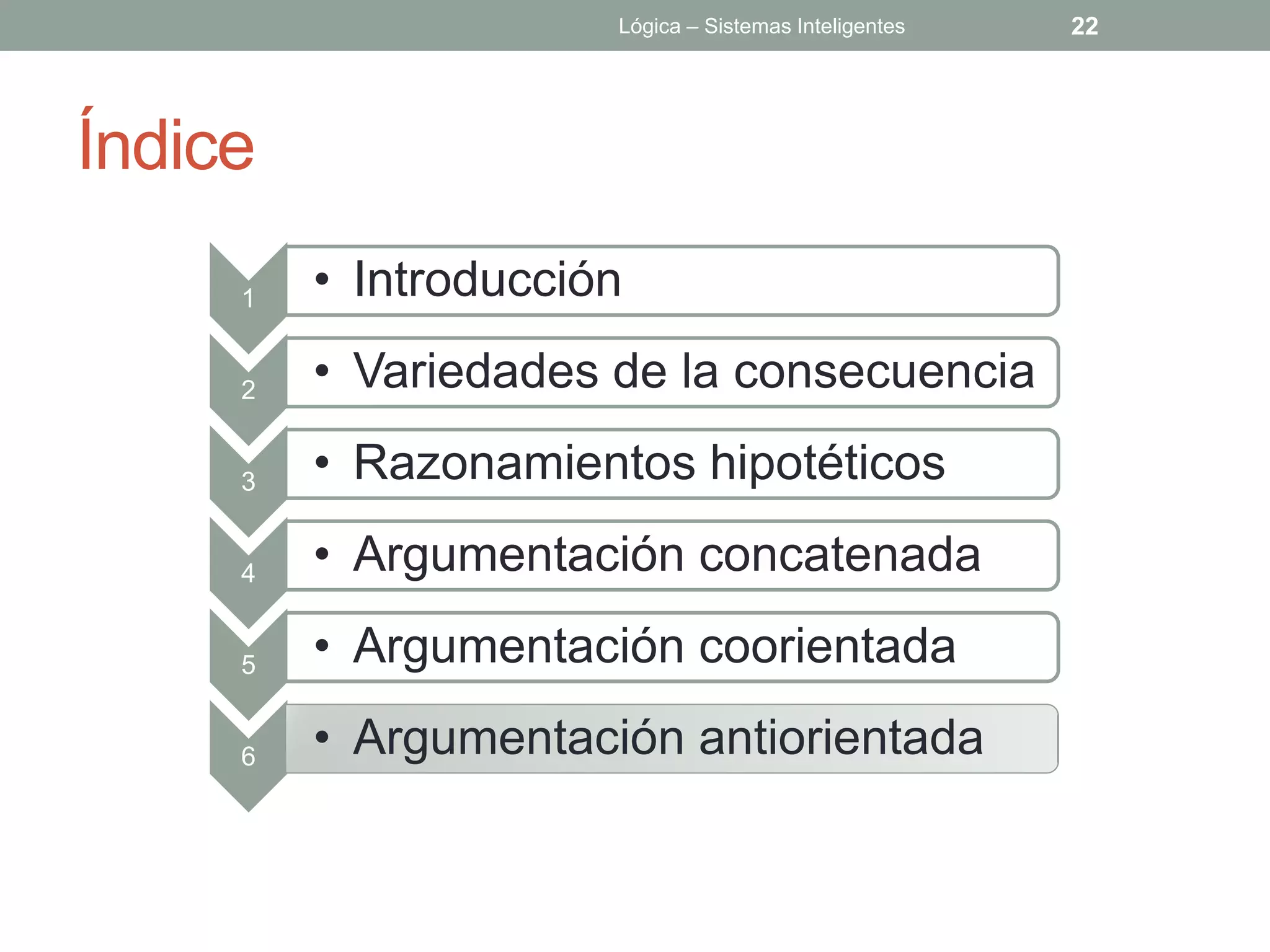 Lógica – Sistemas Inteligentes   22




Índice
     1   • Introducción

     2   • Variedades de la consecuencia

     3   • Razonamientos hipotéticos

     4   • Argumentación concatenada

     5   • Argumentación coorientada

     6   • Argumentación antiorientada
 