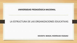 LA ESTRUCTURA DE LAS ORGANIZACIONES EDUCATIVAS
DOCENTE. MANUEL RODRÍGUEZ VÁZQUEZ
UNIVERSIDAD PEDAGÓGICA NACIONAL
 
