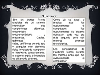 El Hardware
Son las partes físicas
tangibles de un sistema
informático; sus
componentes eléctricos,
electrónicos,
electromecánicos y
mecánicos. Cables,
gabinetes o
cajas, periféricos de todo tipo
y cualquier otro elemento
físico involucrado componen
el hardware; contrariamente,
el soporte lógico e intangible
es el llamado software.
Como ya se sabe, a
medida que fue
evolucionando el
computador, fue
evolucionando su sistema
operativo, cada vez era
más pequeño pero con
mejores avances
tecnológicos.
Las generaciones de
Hardware fueron durante
los mismos años que fue
evolucionando el
computador
 