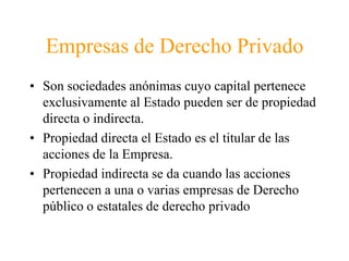 Empresas de Derecho PrivadoSon sociedades anónimas cuyo capital pertenece exclusivamente al Estado pueden ser de propiedad directa o indirecta.Propiedad directa el Estado es el titular de las acciones de la Empresa.Propiedad indirecta se da cuando las acciones pertenecen a una o varias empresas de Derecho público o estatales de derecho privado