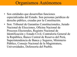 Organismos AutónomosSon entidades que desarrollan funciones especializadas del Estado. Son personas jurídicas de derecho público, creadas por la Constitución.Son: Tribunal de Garantías Constitucionales, Jurado Nacional de Elecciones, Oficina Nacional de Procesos Electorales, Registro Nacional de Identificación y Estado Civil, Contraloría General de la República, Banco Central de Reserva del Perú, Superintendencia de Banca y Seguros, Ministerio Público, Consejo Nacional de la Magistratura, Universidades, Defensoría del Pueblo.