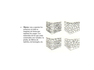Muros: van a soportar los
esfuerzos en toda su
longitud, de forma que
reparten las cargas. Los
materiales de los que están
construidos son variados: la
piedra, de fábrica de
ladrillos, de hormigón, etc.
 