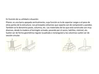 En función de su utilidad o situación:
Pilares: es una barra apoyada verticalmente, cuya función es la de soportar cargas o el peso de
otras partes de la estructura. Los principales esfuerzos que soporta son de compresión y pandeo.
También se le denomina poste, columna, etc. Los materiales de los que está construido son muy
diversos, desde la madera al hormigón armado, pasando por el acero, ladrillos, mármol, etc.
Suelen ser de forma geométrica regular (cuadrada o rectangular) y las columnas suelen ser de
sección circular.
 