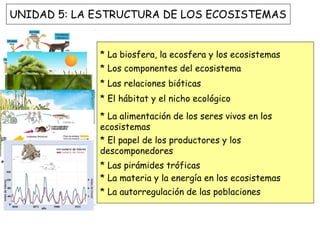 * La biosfera, la ecosfera y los ecosistemas * Los componentes del ecosistema  * Las relaciones bióticas * El hábitat y el nicho ecológico * La alimentación de los seres vivos en los ecosistemas * El papel de los productores y los descomponedores * Las pirámides tróficas * La materia y la energía en los ecosistemas * La autorregulación de las poblaciones UNIDAD 5: LA ESTRUCTURA DE LOS ECOSISTEMAS 