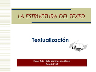 LA ESTRUCTURA DEL TEXTO

Textualización

Profa. Ada Hilda Martínez de Alicea
Español 132

 