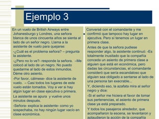 Ejemplo 3
En un vuelo de British Airways entre
Johanesburgo y Londres, una señora
blanca de unos cincuenta años se sienta al
lado de un señor negro. Llama a la
asistente de vuelo para quejarse:
-¿Cuál es el problema señora? – pregunta
la asistente.
-¿Pero no lo ve?- responde la señora. –Me
colocó al lado de un negro. No puedo
quedarme al lado de estos inmundos.
Déme otro asiento.
-Por favor, cálmese- dice la asistente de
vuelo. – Casi todos los lugares de este
vuelo están tomados. Voy a ver si hay
algún lugar en clase ejecutiva o primera.
La asistente se apura y vuelve unos
minutos después.
-Señora- explica la asistente- como yo
sospechaba, no hay ningún lugar vacío en
clase económica.
Conversé con el comandante y me
confirmó que tampoco hay lugar en
ejecutiva. Pero sí tenemos un lugar en
primera clase.
Antes de que la señora pudiese
responder algo, la asistente continuó: -Es
totalmente inusitado que la compañía
conceda un asiento de primera clase a
alguien que está en económica, pero
dadas las circunstancias, el comandante
consideró que sería escandaloso que
alguien sea obligado a sentarse al lado de
una persona tan execrable...
Y, diciendo eso, la azafata mira al señor
negro y dice:
-Si el señor me hiciera el favor de tomar
sus pertenencias, el asiento de primera
clase ya está preparado.
Y todos los pasajeros alrededor, que
acompañaron la escena, se levantaron y
aplaudieron la acción de la compañía
 