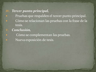 IV. Tercer punto principal,
    Pruebas que respalden el tercer punto principal.
    Cómo se relacionan las pruebas con la frase de la
     tesis.
V. Conclusión,
     Cómo se complementan las pruebas.
    Nueva exposición de tesis.
 
