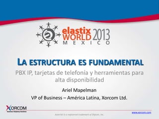 LA ESTRUCTURA ES FUNDAMENTAL
PBX IP, tarjetas de telefonía y herramientas para
alta disponibilidad
Ariel Mapelman
VP of Business – América Latina, Xorcom Ltd.
Asterisk is a registered trademark of Digium, Inc.

www.xorcom.com

 