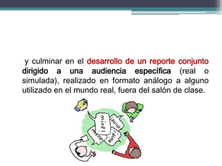 y culminar en el desarrollo de un reporte conjunto
dirigido a una audiencia específica (real o
simulada), realizado en formato análogo a alguno
utilizado en el mundo real, fuera del salón de clase.
 