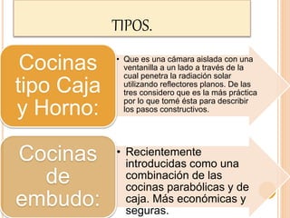 TIPOS.
• Que es una cámara aislada con una
ventanilla a un lado a través de la
cual penetra la radiación solar
utilizando reflectores planos. De las
tres considero que es la más práctica
por lo que tomé ésta para describir
los pasos constructivos.
Cocinas
tipo Caja
y Horno:
• Recientemente
introducidas como una
combinación de las
cocinas parabólicas y de
caja. Más económicas y
seguras.
Cocinas
de
embudo:
 