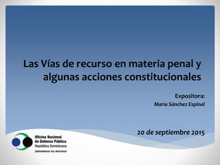 Las Vías de recurso en materia penal y
algunas acciones constitucionales
Expositora:
María Sánchez Espinal
20 de septiembre 2015
 
