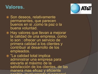Valores.
 Son deseos, relativamente
  permanentes, que parecen
  buenos en si ,como la paz o la
  buena voluntad.
 Hay valores que llevan a mejorar
  la calidad de una empresa, como
  lo son : ofrecer un servicio de
  primera calidad a los clientes y
  contribuir al desarrollo de los
  empleados.
 ”La calidad total implica
  administrar una empresa para
  elevarla al máximo de la
  satisfacción de los clientes, de las
  manera mas eficaz y eficiente
 