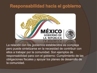 La relación con los gobiernos establecidos es compleja
pero puede sintetizarse en la necesidad de contribuir con
ellos a trabajar por la comunidad. Son ejemplos de
responsabilidad para con el gobierno: Cumplimiento de las
obligaciones fiscales y apoyar los planes de desarrollo de
la comunidad.
 