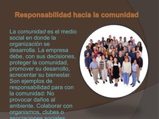 La comunidad es el medio
social en donde la
organización se
desarrolla. La empresa
debe, con sus decisiones,
proteger la comunidad,
promover su desarrollo,
acrecentar su bienestar.
Son ejemplos de
responsabilidad para con
la comunidad: No
provocar daños al
ambiente. Colaborar con
organismos, clubes o
 