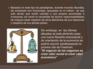    Basados en este tipo de paradigmas, durante muchas décadas,
    las empresas han funcionado, apoyadas en el criterio de que
    solo tenían que rendir cuentas a sus propios accionistas e
    inversores; sin sentir la necesidad de asumir responsabilidades
    de ninguna clase respecto de otros elementos de sus relaciones
    y respecto de sus demás partes.

                             Sin embargo, en las últimas
                             décadas se está abriendo paso
                             una nueva filosofía empresarial y
                             de orientación de la economía se
                             podría resumir parafraseando la
                             primera cita de Friedman:
                             “El negocio de los negocios es
                             crear valor social al crear valor
                             económico”
 
