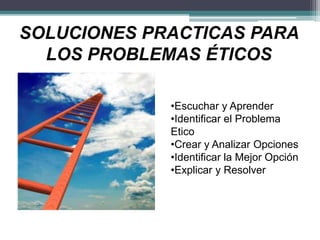 SOLUCIONES PRACTICAS PARA
LOS PROBLEMAS ÉTICOS
•Escuchar y Aprender
•Identificar el Problema
Etico
•Crear y Analizar Opciones
•Identificar la Mejor Opción
•Explicar y Resolver
 