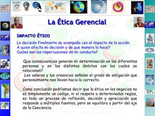 La Ética Gerencial La decisión finalmente se acompaña con el impacto de la acción. A quien afecta mi decisión y de que manera lo hace? Cuales son las repercusiones de mi conducta? Que consecuencias generan mi determinación en las diferentes personas y en los distintos ámbitos con los cuales se relacionan? Los valores y las creencias señalan el grado de obligación que personalmente nos llevan hacia lo correcto. Como conclusión podríamos decir que la ética en los negocios no es simplemente un código, ni el respeto a determinadas reglas, es todo un   proceso de reflexión, decisión y apreciación que responde a múltiples fuentes, pero se equilibra a partir del eje de la Conciencia. IMPACTO ÉTICO 