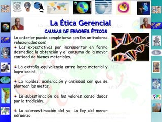 La Ética Gerencial CAUSAS DE ERRORES ÉTICOS Lo anterior puede completarse con los antivalores relacionados con: Las expectativas por incrementar en forma desmedida la obtención y el consumo de la mayor cantidad de bienes materiales. La extraña equivalencia entre logro material y logro social. La rapidez, aceleración y ansiedad con que se plantean las metas. La subestimación de los valores consolidados por la tradición. La sobreestimación del yo. La ley del menor esfuerzo. 