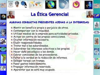 La Ética Gerencial ALGUNAS CONDUCTAS FRECUENTES AJENAS A LA INTEGRIDAD Mentir en beneficio propio o perjuicio de otros. Contemporizar con la iniquidad. Utilizar medios de la empresa para actividades privadas. Actuar en contra de las propias convicciones. Ocultar información necesaria. Eludir responsabilidades. Tratar mal a los subordinados. Subordinar los intereses colectivos a los propios. Hacer daño psicológico a los demás. Cobrar comisiones de los proveedores. Faltar a la verdad en la redacción de informes. Delegar tareas con trampa. Pasar gastos indebidamente. Propagar información reservada. Aparentar que se está muy ocupado. 