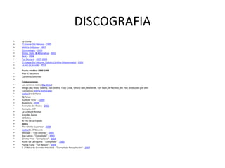DISCOGRAFIA
•   La Etnnia
•   El Ataque Del Metano - 1995
•   Malicia Indígena - 1997
•   Criminología. - 1999
•   Stress, Dolor & Adrenalina - 2001
•   Real. - 2004
•   Por Siempre - 2007-2008
•   El Ataque Del Metano. Edición 15 Años (Masterizado) - 2009
•   La voz de la calle - 2010
•
    Tracks Inéditos 1990-1993
•   Alto Al Secuestro
•   Cantando Saltando
•
    Colaboraciones
•   Los caminos reales (Big Mato)
•   Vengo (Big Mato, Vakero, Don Dinero, Toxic Crow, Villano sam, Malverde, Tori Nash, Al Pachino, Mc Pan; producido por SPK)
•   Conciencia (Alerta Kamarada)
•   [editar]En Solitario
•   Dj Fonxz
•   Zualezer Acto 1 - 2000
•   Avalancha - 2000
•   Animales Sin Rostro - 2003
•   Animales EXP
•   La Calle Del Animal
•   Grandes Éxitos
•   50 Éxitos
•   Al Filo De La Espada
•   Zebra
•   The Ghetto Superstar - 2008
•   [editar]5-27 Récords
•   Mixtape - "Tres coronas" - 2001
•   Rap Latino - "Compilado" - 2003
•   Ghetto Pros - "Compilado" - 2003
•   Ruido De La Esquina - "Compilado" - 2003
•   Purina Pura - "Full Nelson" - 2004
•   5-27 Récords Grandes Hits Vol.1 - "Compilado Recopilación" - 2007
 