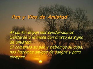 Pan y Vino de Amistad Al partir el pan nos solidarizamos. Sentarse a la mesa con Cristo es signo de amistad.  Si comemos su pan y bebemos su copa, nos hacemos amigos de sangre y para siempre. 