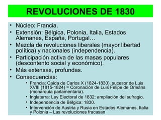REVOLUCIONES DE 1830 
• Núcleo: Francia. 
• Extensión: Bélgica, Polonia, Italia, Estados 
Alemanes, España, Portugal… 
• Mezcla de revoluciones liberales (mayor libertad 
política) y nacionales (independencia). 
• Participación activa de las masas populares 
(descontento social y económico). 
• Más extensas, profundas. 
• Consecuencias: 
• Francia: Caída de Carlos X (1824-1830), sucesor de Luis 
XVIII (1815-1824) = Coronación de Luis Felipe de Orleáns 
(monarquía parlamentaria). 
• Inglaterra: Ley Electoral de 1832: ampliación del sufragio. 
• Independencia de Bélgica: 1830. 
• Intervención de Austria y Rusia en Estados Alemanes, Italia 
y Polonia – Las revoluciones fracasan 
 